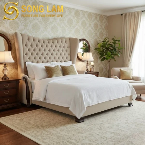 Giường ngủ Hoàng Gia Tân Cổ Điển Versailles GT0112 góc nghiêng, nổi bật thiết kế đầu giường cao cấp
