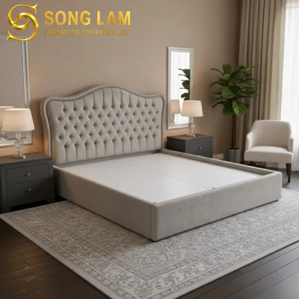Giường ngủ Tân Cổ Điển Chần Nút Queen Crown GT0118 góc nghiêng, nổi bật thiết kế đầu giường cao cấp