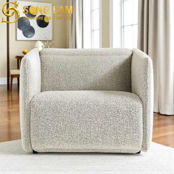 Sofa Đơn Thư Giãn Nâng Chân Boucle SDU0616 2 Sofa Đơn Thư Giãn Nâng Chân Boucle SDU0612 góc nghiêng làm nổi bật đường nét thiết kế phù hợp sofa may đo và nội thất cao cấp
