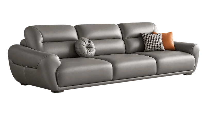 Ghế sofa da màu xám hiện đại với thiết kế bo cong mềm mại, kiểu dáng sang trọng và đệm ngồi rộng rãi, mang lại cảm giác êm ái khi sử dụng. Sản phẩm phù hợp cho phòng khách cao cấp, căn hộ hiện đại hoặc không gian nội thất tối giản, giúp tạo điểm nhấn tinh tế và đẳng cấp cho ngôi nhà.