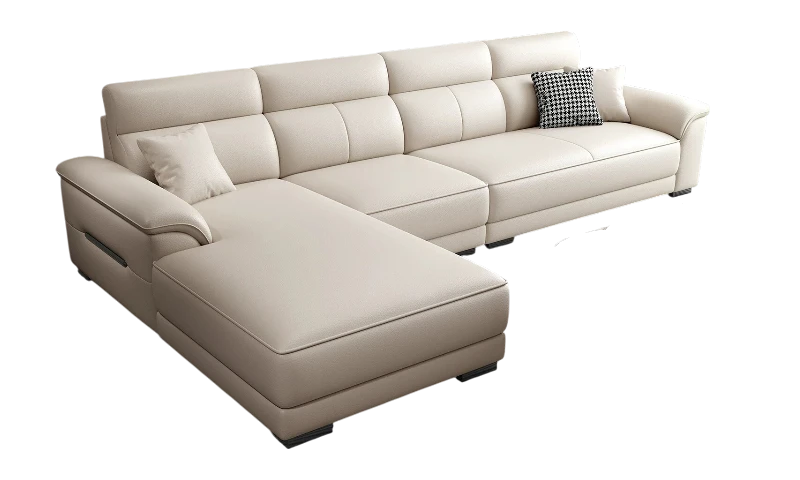 Mẫu sofa da góc L màu kem với thiết kế hiện đại, form dáng tinh giản và chaise thư giãn rộng rãi, phù hợp phòng khách căn hộ và nhà phố.