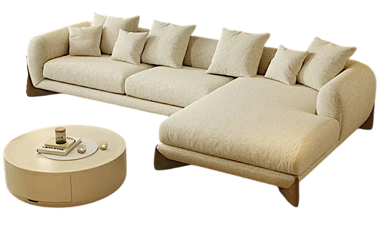 Ghế sofa góc chữ L phong cách Wabi Sabi màu kem với thiết kế bo cong mềm mại, chất liệu vải êm ái và phần ghế thư giãn rộng rãi. Sản phẩm phù hợp cho phòng khách hiện đại, tối giản và sang trọng, giúp không gian sống trở nên ấm cúng, tinh tế hơn.